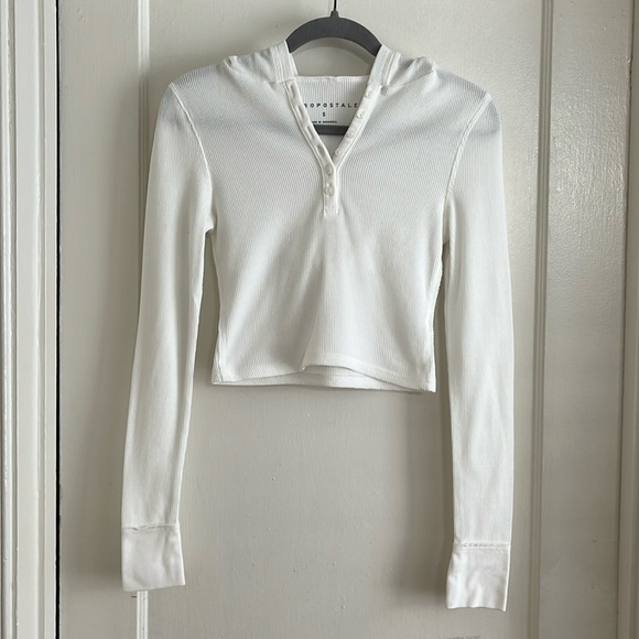 Aeropostale Size Small White Hooded Cropped Thermal Top Long Sleeved T-shirt - Picture 3 of 8